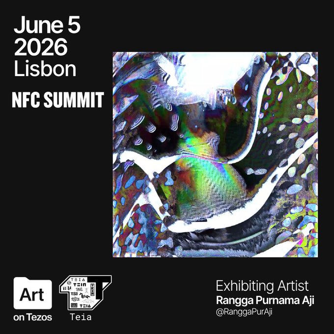 The image features a poster with an abstract painting that has been edited to include neon colors, giving it a futuristic appearance. The poster also includes text promoting an exhibition featuring an artist named @RanggaPurAji from Teia's show on Teos for June 5th in Lisbon.