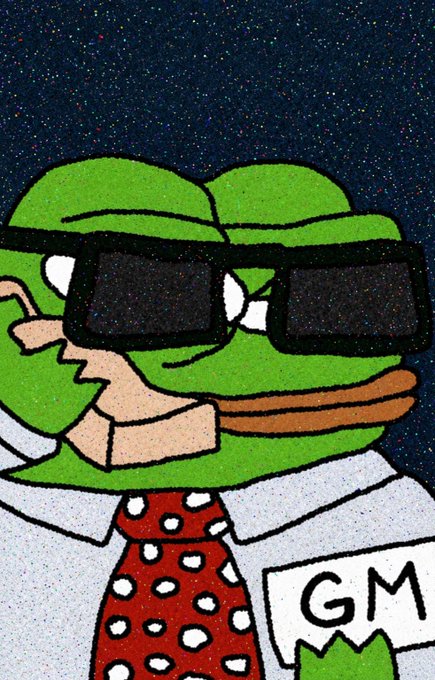 A graffiti-style artwork of Pepe the Frog wearing sunglasses and a white shirt with a red polka-dot tie and a "GM" tag.