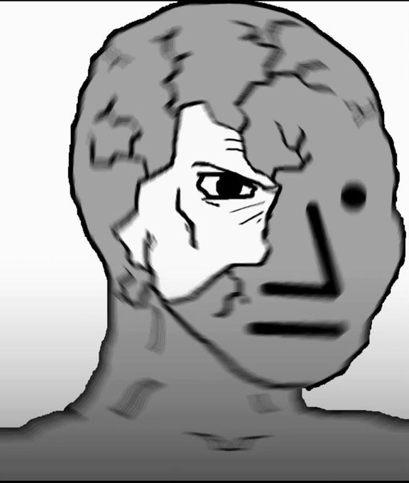 A grayscale Wojak meme face is shown with a cracked, zombie-like expression where the left half reveals a detailed human-like face and the right half displays a flat, emotionless NPC mask. The image humorously illustrates the post's warning about "NPC traps," visually representing the contrast between authentic OG meme culture and the soulless cash-grab tokens being launched on new chains.