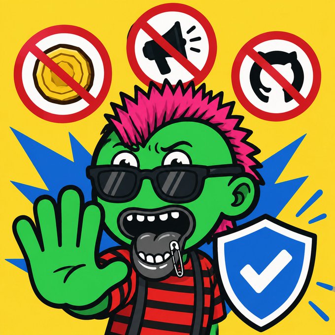 A cartoon illustration of a green-skinned punk character with a pink mohawk and sunglasses, making a "stop" gesture with their hand while holding a blue verification shield, surrounded by "no" symbols over a token, megaphone, and circular icon. The bold, warning-style imagery visually reinforces the post's message about avoiding scams, emphasizing that @agenticscredit has no live token, public sale, or GitHub and urging followers to verify the official X account.
