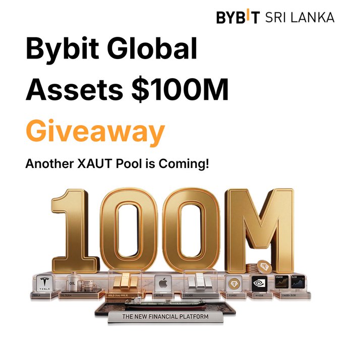 A white background with black text announces a global assets of $100m giveaway, featuring gold letters spelling "BYBIT" and "GIVING AWAY".