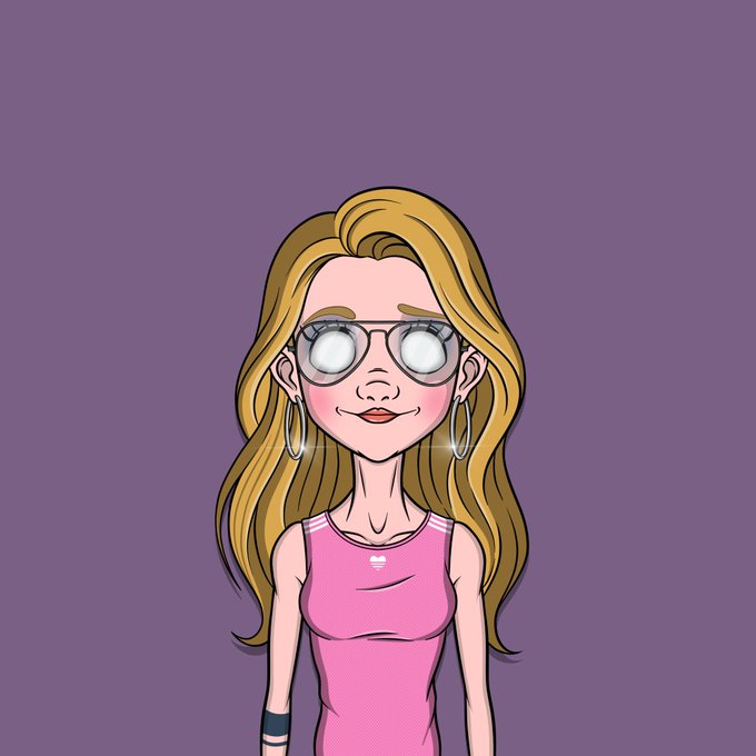 A cartoon illustration of a blonde woman wearing round glasses, hoop earrings, and a pink tank top against a purple background.