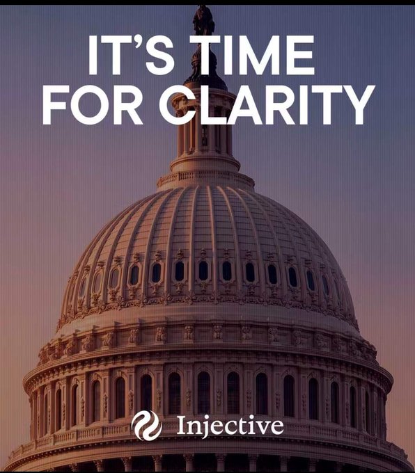 The U.S. Capitol dome is silhouetted against a twilight sky, overlaid with the bold text "IT'S TIME FOR CLARITY" and the Injective logo at the bottom, symbolizing the imminent legislative decision on crypto regulation in Washington.