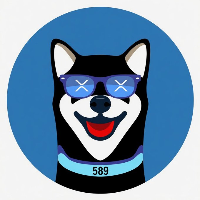 The image features a black and white dog wearing sunglasses and a blue collar with the number 589 printed on it, giving off a cool vibe. The caption above the image reads "People often ask" about the first meme coin on the XRP Ledger, which is XRDoge my friend.