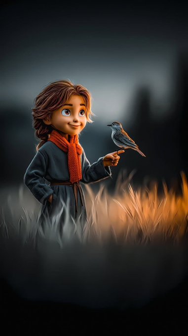 A 3D-rendered cartoon-style illustration shows a young person with brown hair, wearing a blue coat and red scarf, smiling as a small bird perches on their outstretched finger in a misty field.