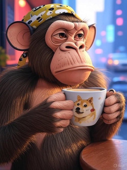 The image features a cartoon monkey holding a coffee cup with a dog design on it, sitting at a table. The caption of the image reads "Happy Friday $DOGE", which seems to be related to the post about dogs.