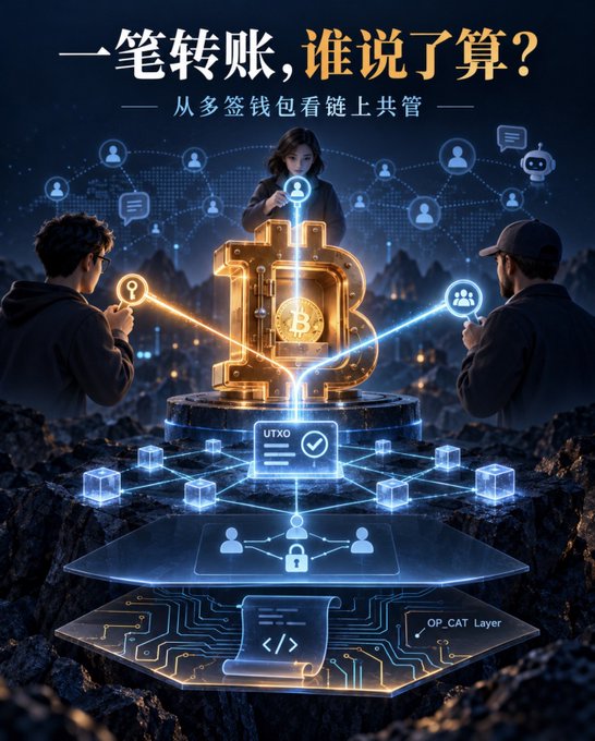 The image features a golden Bitcoin sculpture at its center, surrounded by people with glowing connections, symbolizing collaborative control, with text in Chinese reading "一笔转账，谁说了算？——从多签钱包看链上共管" ("One transfer, who decides? — On-chain co-management through multisig wallets"), along with visible elements labeled "UTXO" and "OP_CAT Layer."

It visually represents the concept of multisig wallets by depicting multiple individuals jointly managing a Bitcoin transaction, directly illustrating the post's theme of how shared custody brings complex coordination challenges to on-chain asset management.