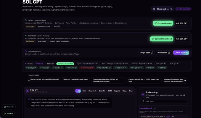 A webpage for 'SOL GPT,' a research and user-signed trading tool supporting Jupiter swaps, Phoenix Rix, and Robinhood Agentic, showing health metrics and available tools like Birdeye, Jupiter, Phantom, OpenRouter, and more.