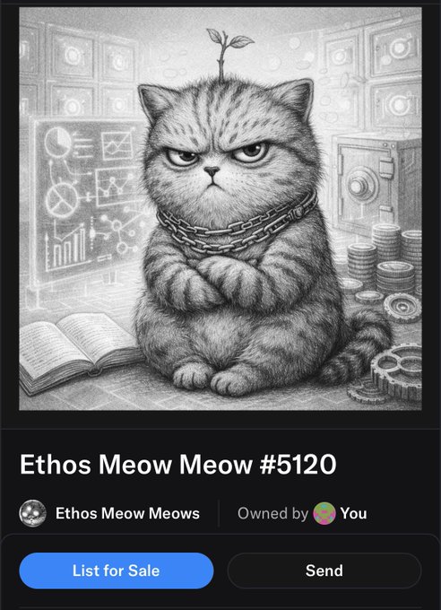 An NFT listing page for 'Ethos Meow Meow #5120' from the Ethos Meow Meows collection, featuring a pencil drawing of a grumpy cat with chains and a plant sprouting from its head.