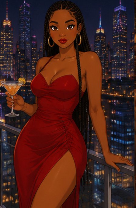 A digital illustration of a woman in a red dress holding a cocktail glass, standing on a balcony with a nighttime city skyline behind her.