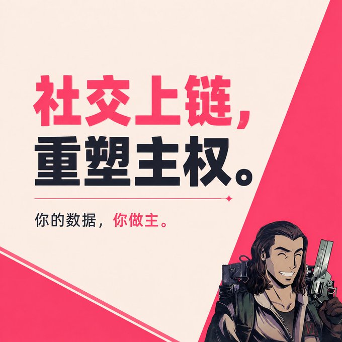 Promotional graphic featuring Chinese text '社交上链，重塑主权。' (Social on-chain, reshaping sovereignty) alongside an anime-style character holding a gun.
