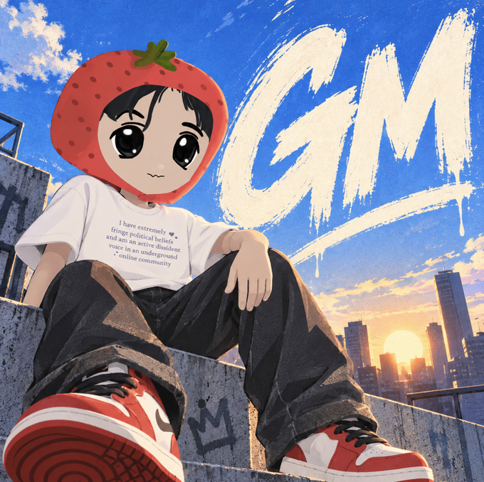 Anime-style artwork featuring a character wearing a strawberry hood, a graphic t-shirt reading 'I have extremely fringe political beliefs and am an active dissident voice in an underground online community', baggy black pants, and red and white sneakers, posed against a blue sky with 'GM' graffiti.