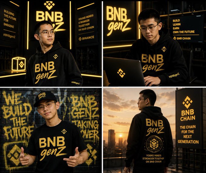 A four-panel promotional collage for 'BNB genZ' by Binance/Binance Chain, featuring a young man wearing branded black hoodies with slogans like 'BUILDING THE FUTURE FOR BNBGENZ', 'YOUNG MINDS STRONGER TOGETHER ON BNB CHAIN', and 'THE CHAIN FOR THE NEXT GENERATION'.