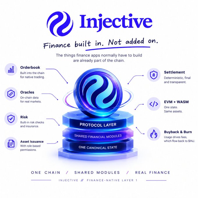 The image showcases Injective's $INJ blockchain architecture, illustrating how financial primitives like orderbook, oracles, settlement, risk management, and asset issuance are built directly into the protocol layer rather than added on by individual apps. The diagram emphasizes three foundational layers—One Canonical State, Shared Financial Modules, and Protocol Layer—reinforcing the post's message that RWAs on Injective inherit these chain-level financial building blocks by default.