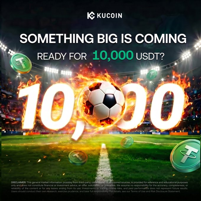 The image features a soccer ball with flames coming out of it, surrounded by coins scattered around it. The text above the image reads "10,000 $USDT for the top strikers. The KuCoin Crypto Cup is almost live. Stay tuned! #KuCoinCryptoCup #WorldCup". This post seems to be promoting a cryptocurrency event or competition related to soccer, with the goal of raising funds through donations from supporters who want to contribute to the cause.