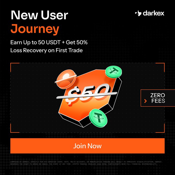 A promotional banner from Darkex advertising a "New User Journey" campaign offering up to 50 USDT futures bonus and 50% loss recovery on first trades, featuring a "$50" graphic with coins and a "Join Now" call-to-action button, complementing the post's message about helping users take their first step into futures trading with support and rewards.
