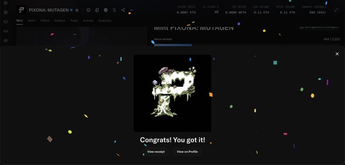 The image shows a "Congrats! You got it!" confirmation screen for minting "PIXONA: MUTAGEN" NFT #454/2220, with options to "View receipt" or "View on Profile," matching the post's announcement of successfully minting the @PixonaOrg Mutagen NFT amid high gas fees (shown as 0.0007 ETH FLOOR PRICE).