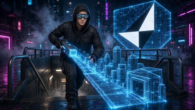 A digital artwork showing a hooded figure with cyberpunk-style goggles holding a glowing blue holographic sword, with the Ethereum logo displayed in the background against a neon cityscape.