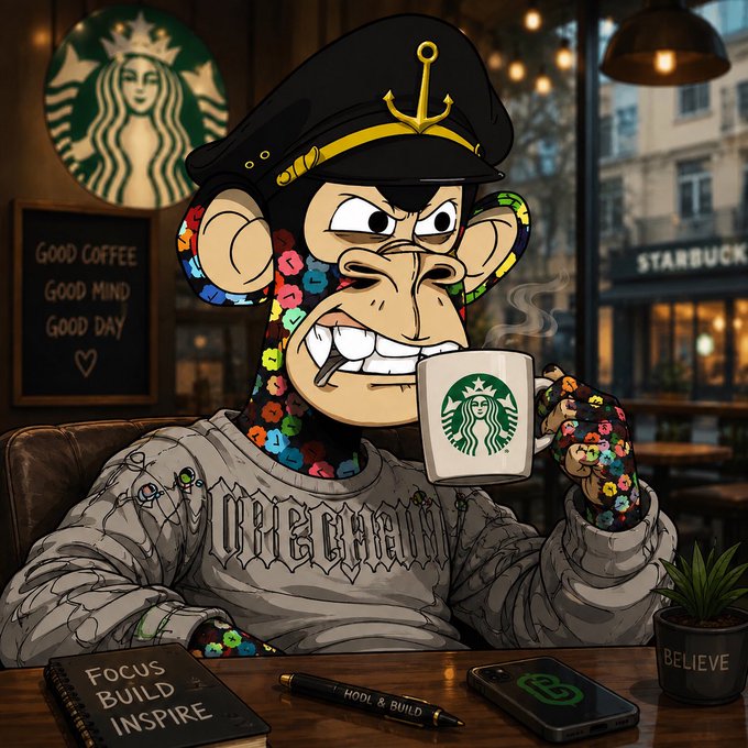 A stylized cartoon monkey character wearing a captain's hat and a floral hoodie, sitting in a Starbucks cafe and grinning while holding a Starbucks coffee mug.