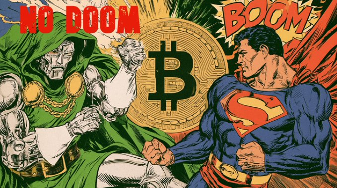 A comic book-style illustration depicting Superman fighting Doctor Doom, with a large Bitcoin coin in the background, and text reading 'NO DOOM' and 'BOOM'.