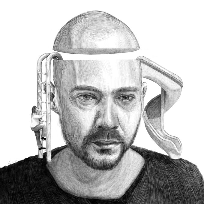 A surreal pencil sketch of a man's face with a detached dome-shaped head piece floating above, and tiny figures climbing a ladder on the left side.