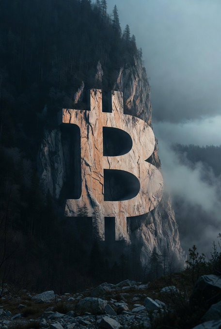 A massive Bitcoin 'B' symbol carved into the side of a rocky mountain cliff, surrounded by mist and forest.