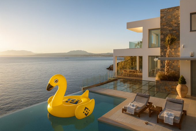 A modern seaside villa with an infinity pool features a large Binance-branded yellow duck float with the iconic yellow geometric logo displayed on its side, while the post teases a "#币安城" (Binance City) coastal location with a crypto wallet address. The luxurious cliffside home overlooking the Mediterranean visually reinforces the playful, meme-like promotion of Binance's branded destination.
