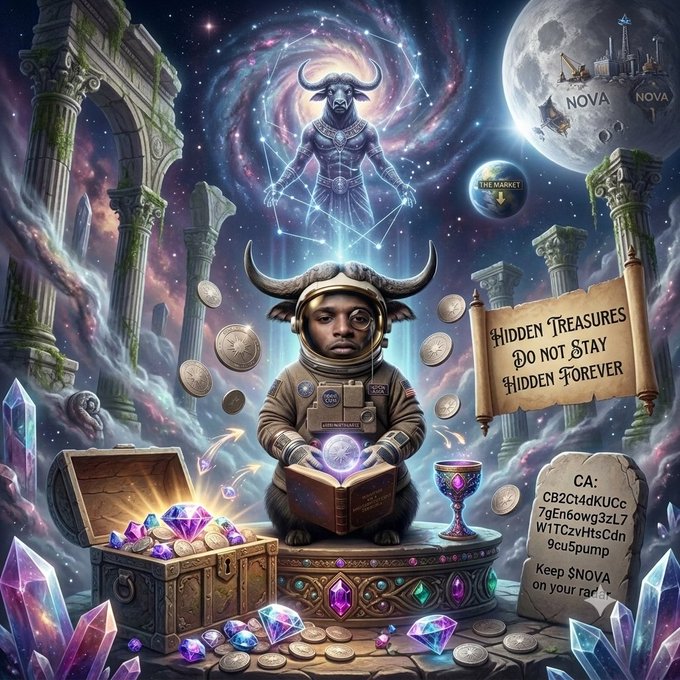 A fantasy digital artwork showing an astronaut child with horns holding a glowing gem, before a horned constellation figure, with a treasure chest, gems, coins, ancient ruins, a moon with 'SNOVA NOVA' text, and a scroll reading 'HIDDEN TREASURES DO NOT STAY HIDDEN FOREVER' beside a tombstone with a wallet address beginning 'CB2Ct4dKUCc 7gEn6owg3zL7 W1TCzvHtsCdn 9cusjump Keep SNOVA on your radar'.