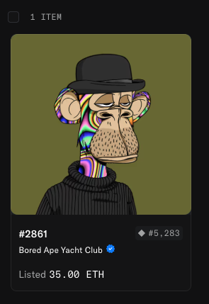 An NFT marketplace listing for a 'Bored Ape Yacht Club' item (#2861) priced at 35.00 ETH, featuring a colorful ape character wearing a black hat.