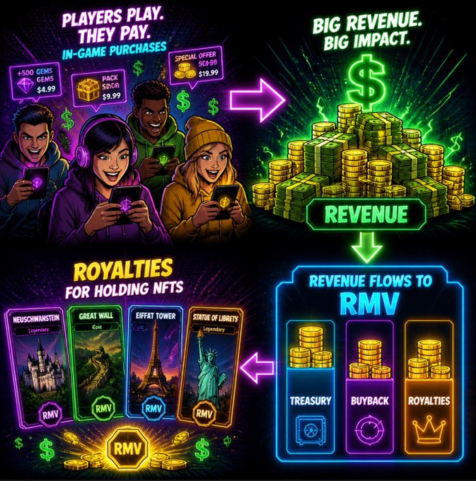 An infographic illustrates the Reality Meta (RMV) ecosystem's revenue flow: players make in-game purchases (e.g., +500 Gems $4.99, Pack $9.99, Special Offer $19.99) generating big revenue, which flows to RMV's Treasury, Buyback, and Royalties pools, rewarding NFT holders holding legendary landmarks like Neuschwanstein, Great Wall, Eiffel Tower, and Statue of Liberty with passive royalties. The visual reinforces the post's message of a sustainable model where increased game activity directly boosts royalties and rewards for $RMV stakers and NFT holders.