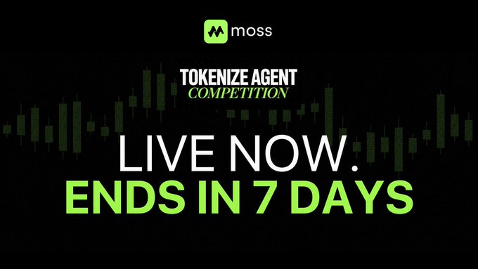 A promotional graphic for the Moss Tokenize Agent Competition, with a black background featuring green stock chart bars, announcing that the competition is live now and ends in 7 days.