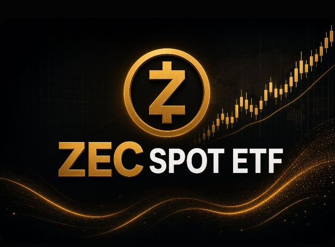 A golden promotional banner displays the Zcash 'Z' logo with text 'ZEC SPOT ETF' alongside an upward-trending candlestick chart on a dark background.