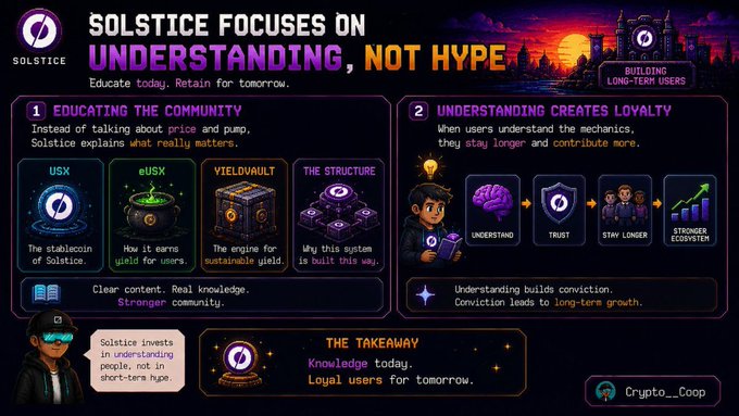 An infographic titled 'SOLSTICE FOCUSES ON UNDERSTANDING, NOT HYPE' by Crypto_Coop, detailing how the stablecoin and yield vault are built to create user understanding and loyalty.