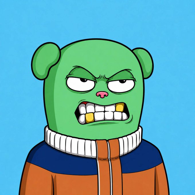 A cartoon illustration of an angry green bear-headed character wearing an orange and navy zip-up sweater against a blue background.