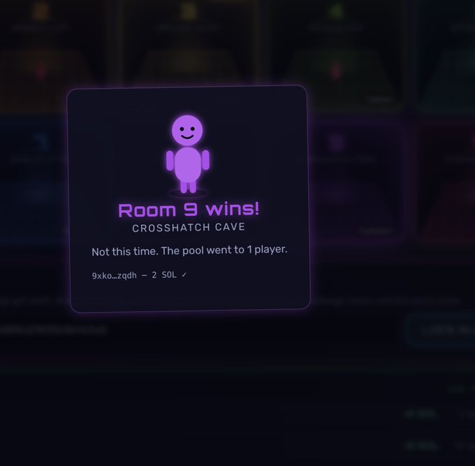 The image shows a purple square with a cartoon character standing inside of a pool, which has been tagged as "room 9 wins!". The caption reads "Another 2 SOL has been sent to one of the holder that is playing on Website to play solscan.io/tx/4u3isRJVMbF".