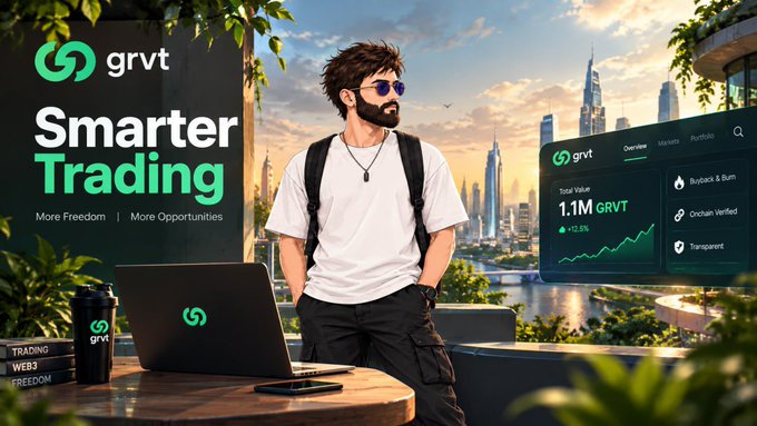 A trading advertisement shows a man with a laptop and GRVT branding, with prominent text “grvt,” “Smarter Trading,” “More Freedom | More Opportunities,” and “Total Value 1.1M GRVT.”
