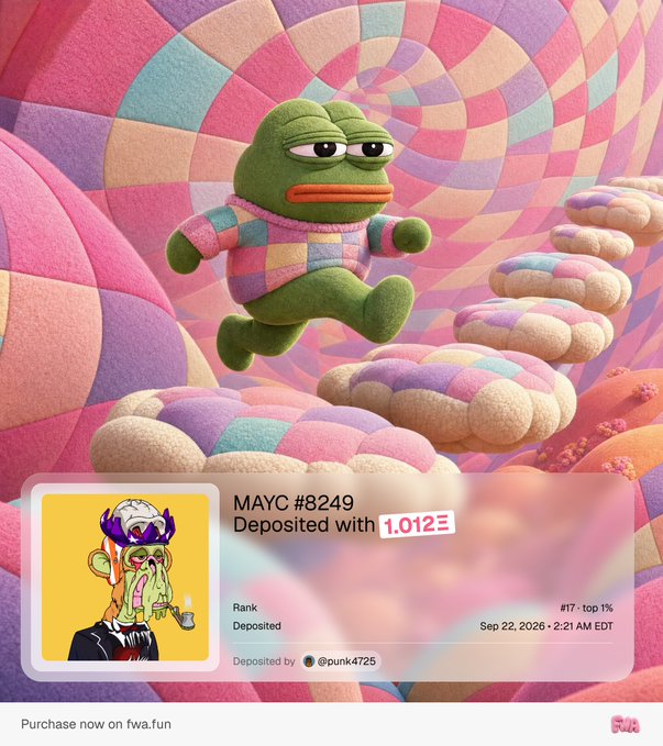 A 3D-rendered green Pepe-like character in a patchwork sweater jumps among fluffy clouds against a pastel checkered background, with an overlay showing 'MAYC #8249 Deposited with 1.012Ξ' and details '#17 · top 1%, Sep 22, 2026' deposited by '@punk4725' on fwa.fun.