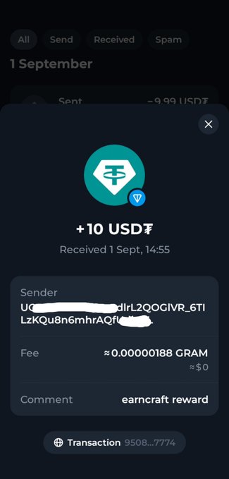 A cryptocurrency wallet notification showing a received transaction of +10 USDT with the comment 'earncraft reward' and a small fee paid in GRAM.