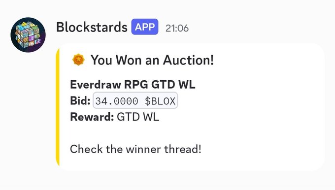A Discord notification from Blockstars announces 'You Won an Auction!' for an 'Everdraw RPG GTD WL' with a winning bid of 34.0000 $BLOX.