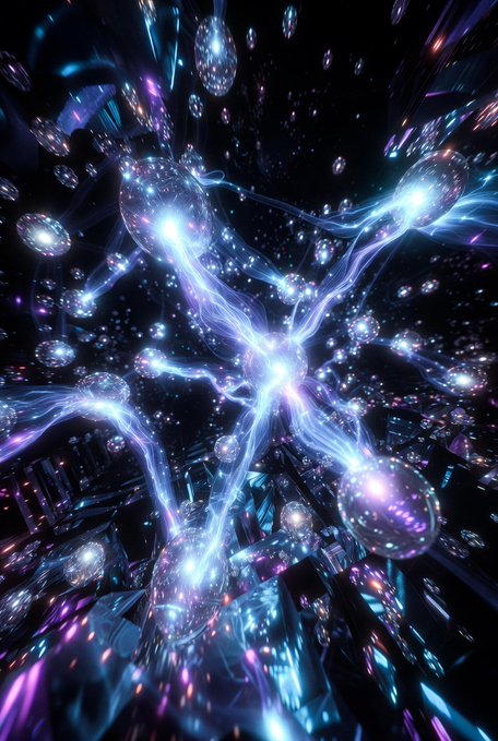 Abstract digital artwork featuring glowing blue and purple energy streams connecting spherical glass-like orbs scattered across a dark background, resembling a cosmic or neural network.