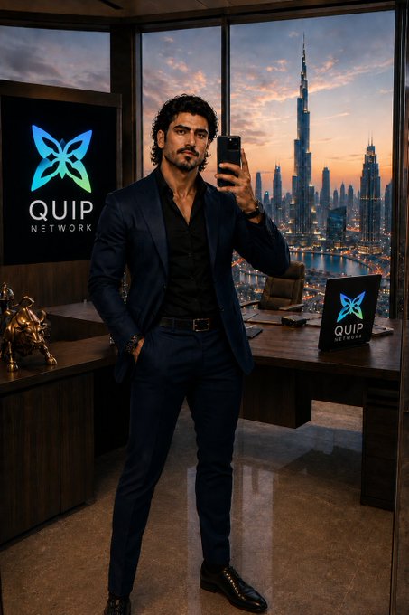 Promotional image for 'QUIP Network' featuring a man in a navy suit taking a selfie in a high-rise office with the Dubai skyline at sunset, alongside a QUIP-branded laptop and logo.