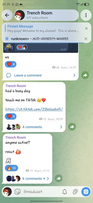 A mobile phone screenshot of a Telegram channel called 'Trench Room' with 471 subscribers, showing pinned messages, audio posts with reactions, and a TikTok link.