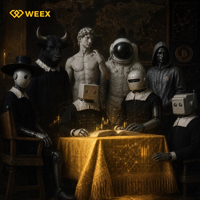 The image depicts a Renaissance-style golden tableau featuring a bull-headed figure, classical statue, astronaut, Bitcoin hoodie wearer, and robots gathered around an open book atop a glowing chart-filled table, with the "WEEY" logo visible in the upper left.

The artistic blend of the bullish "CAW" token mascot (bull-headed figure) with crypto symbolism (Bitcoin logo, astronaut, robots) and classical golden aesthetics visually reinforces the post's announcement of the $CAW token's arrival.