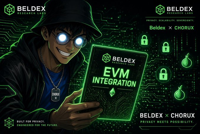 An anime-style character with glowing round glasses holds a glowing "BELDEX RESEARCH LABS - EVM INTEGRATION" tablet, surrounded by circuit patterns, lock icons, and Beldex onion logos, with text reading "Beldex × CHORUX," "PRIVACY. SCALABILITY. SOVEREIGNTY.," and "BUILT FOR PRIVACY. ENGINEERED FOR THE FUTURE." The image visually aligns with the post by illustrating Beldex's exploration of EVM integration as a proof of concept for bringing Ethereum-style smart contracts into its privacy-focused base layer.