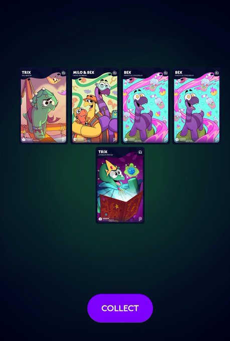 Five digital trading cards featuring cartoon dinosaurs are displayed against a dark green background with a purple 'COLLECT' button at the bottom.