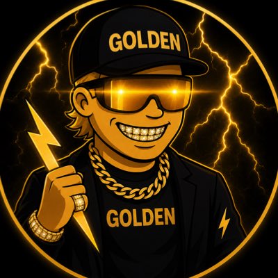 The image features a cartoon character wearing sunglasses, a gold chain necklace, and a black t-shirt with the word "Golden" written on it. The character also has a lightning bolt tattoo on their arm. The background of the image is dark, but there are yellow lightning bolts in the top left corner that stand out against the darkness. The caption below the image reads: "New pfp Had a lil break but Im back and ready to take over the meme coin game again."