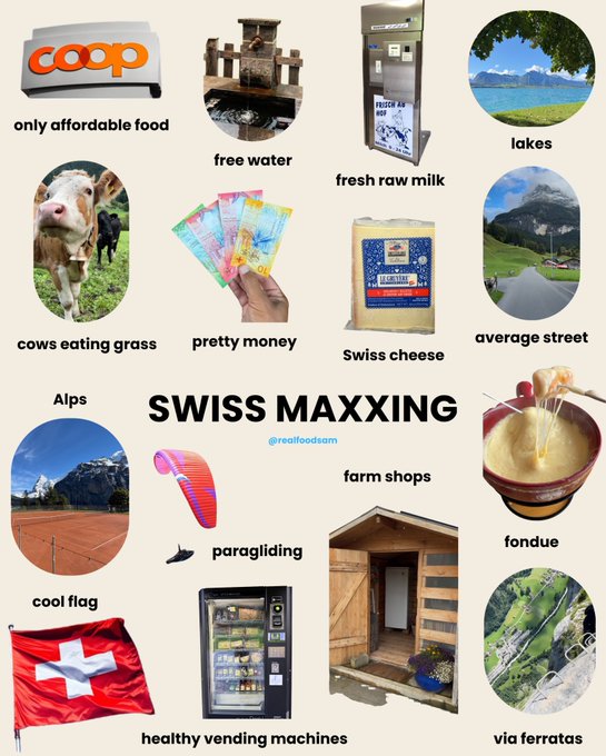 A 'SWISS MAXXING' infographic by @realfoodasm featuring images of Coop, free water, fresh raw milk, lakes, cows eating grass, pretty money, Swiss cheese, average street, Alps, paragliding, farm shops, fondue, cool flag (Swiss flag), healthy vending machines, and via ferratas.