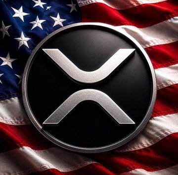 The XRP logo is prominently displayed against the American flag backdrop, visually representing the cryptocurrency discussed in the accompanying post about the math behind XRP's price and transaction efficiency.