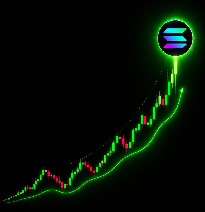 The image features a green line graph with red and blue lines, which appears to be a representation of cryptocurrency prices or market trends. The focus of the image is on the upward trend shown by the lines, indicating that the value of Solana coins has been increasing over time. The post suggests that you might want to bet on these coins to 100x your initial investment, implying that there's a high likelihood for significant returns if the trend continues or if other investors follow suit and invest in the cryptocurrency as well.