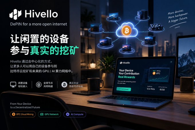 A promotional banner for 'Hivello' advertises 'DePIN for a more open internet' with Chinese text promoting real Bitcoin mining through idle devices.